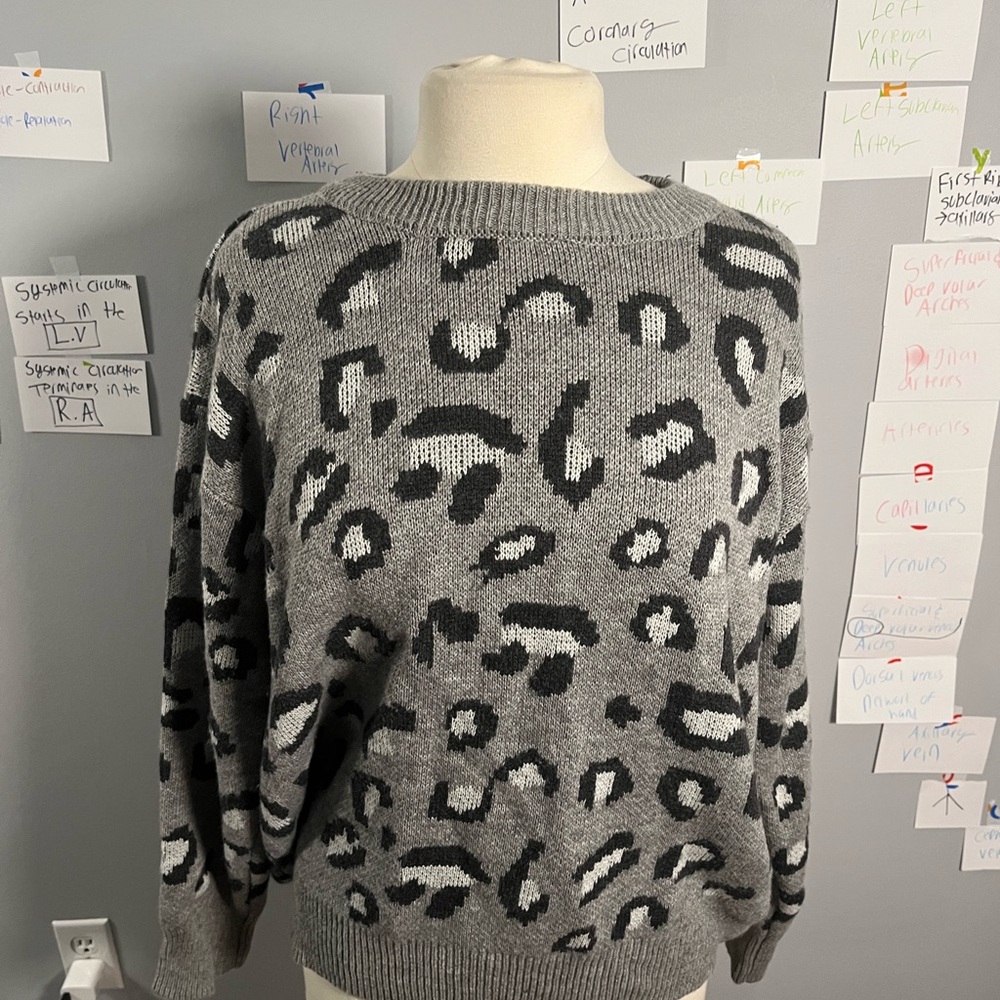 KENDALL & KYLIE SWEATER XXL WOMENS ANIMAL‎ PRINT PULLOVER Grey Leopard Knit